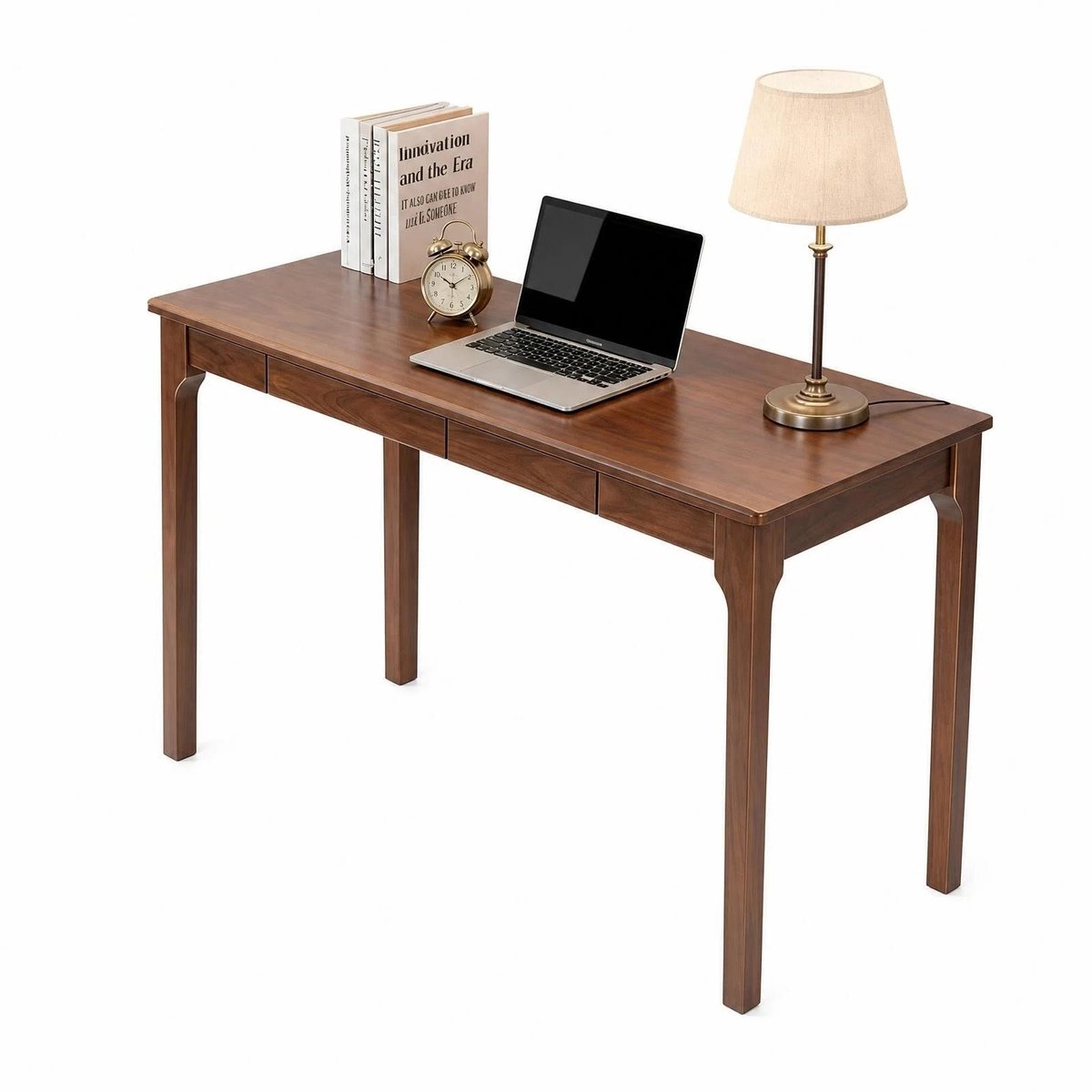 Massief Houten Bureau Walnoot - Sta Bureau Met Afgeronde Randen - Mid Century Modern Bureau - Met Lades - 128x73x13 cm - Werken - Slaapkamer Walnoot