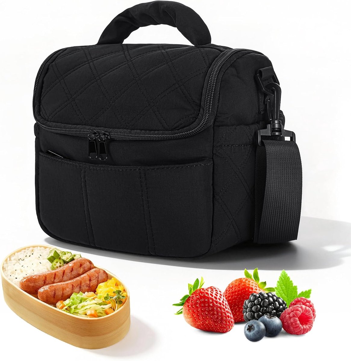 Kleine isotherme lunchtas voor dames - Mooie gewatteerde lunchtas - Soepel - Lekvrij - Multifunctioneel - Draagbaar - Voor werk, picknicks, uitstapjes (zwart)