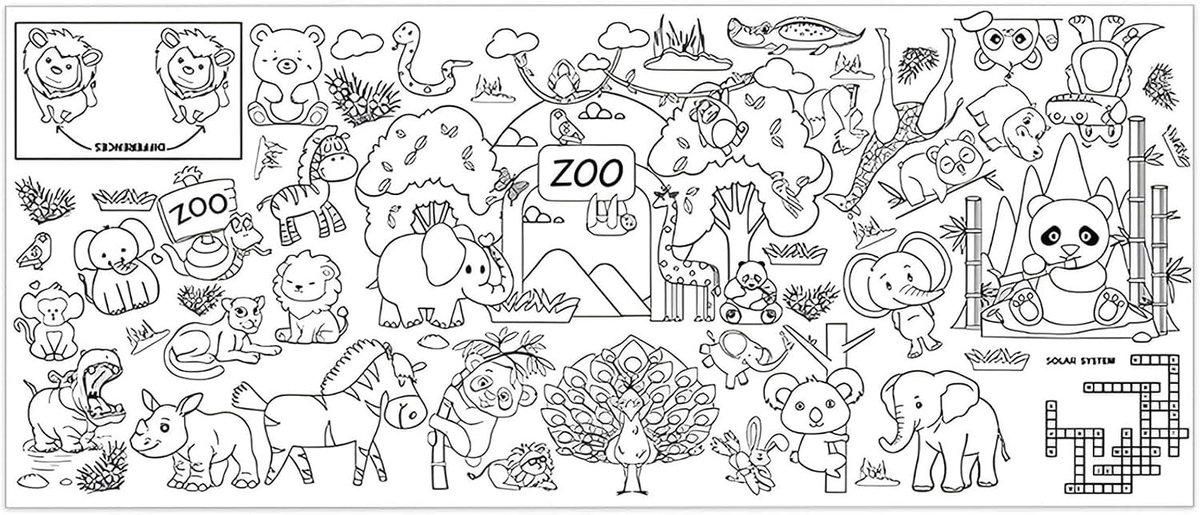 Kleurplaat Tafelkleed 72 x 28 inch - Educatief Tekening Papier met Jungle Dieren en Schattige Beesten voor Kinderen en Jongens en Meisjes