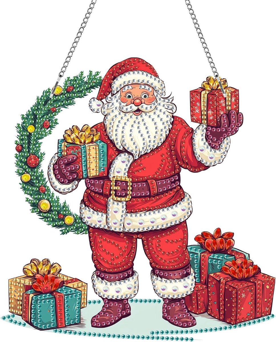 Kerstman Diamant Schilderij Hanger met Ketting, Decoratieve Wanddecoratie voor Raam en Tuin, 20 x 20 cm