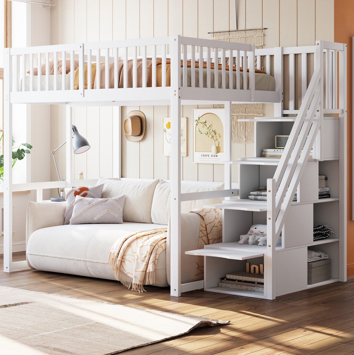 Wishdor Hoogslaper 140x200 cm - Veiligheidsrail en opbergladder - Lattenbodem en 15 latten - Modern wit hout - Kinderkamer slaapkamer - Hout en MDF - Wit - 252 x 147 x 180,5 cm