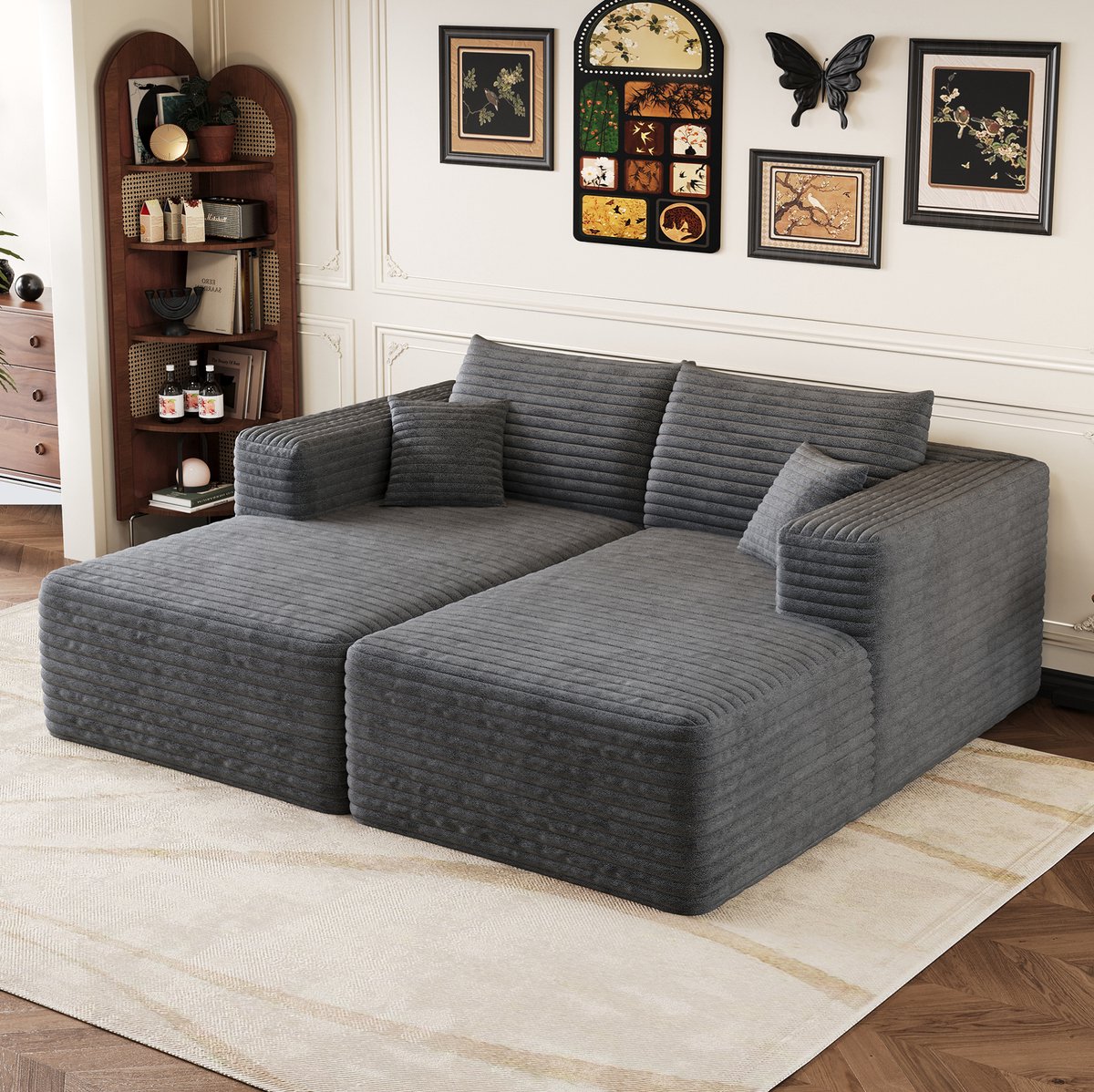 FloraGrace Hoekbank 180 x 151 cm - Modulair Slaapsofa Zonder Montage - Zachte Corduroy Bekleding Voor Woonkamer En Slaapkamer - Stof - Donkergrijs