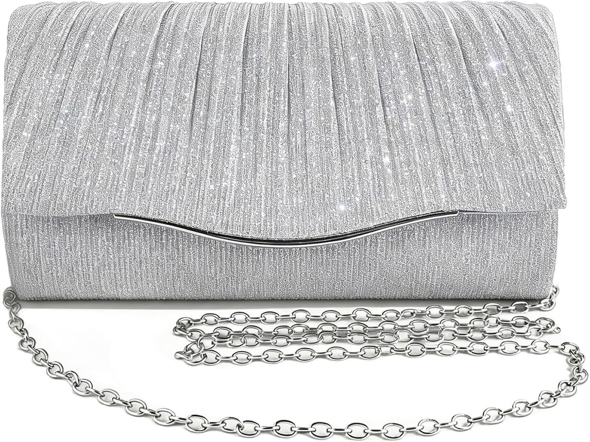 Elegante Zilveren Clutch met Glitters voor Avond, Bruiloft en Feestjes - Dames Handtas met Schouderband