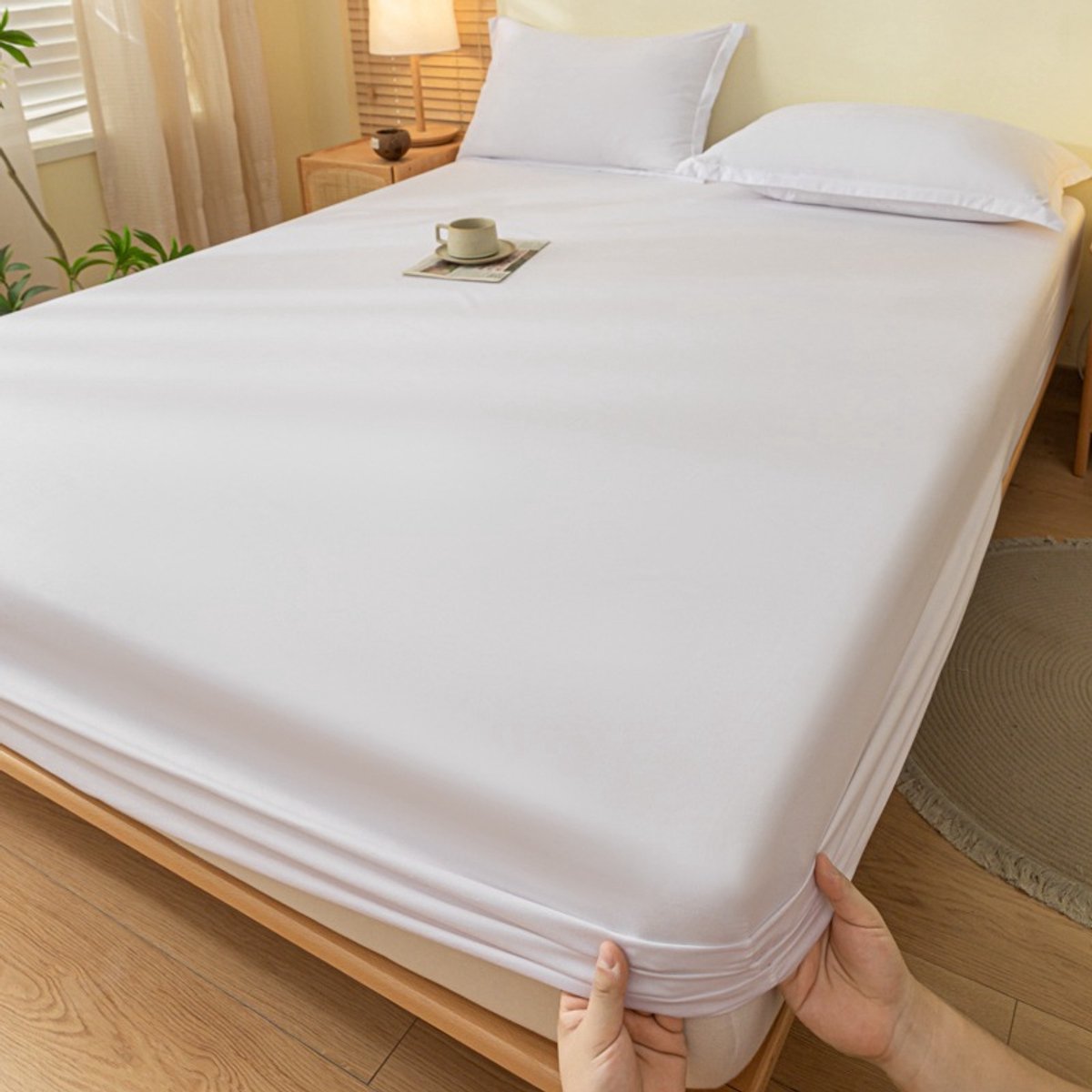 Hoeslaken, dekbedovertrek, effen katoenen sprei, matrashoes (1 stuk)-Wit-90*200cm