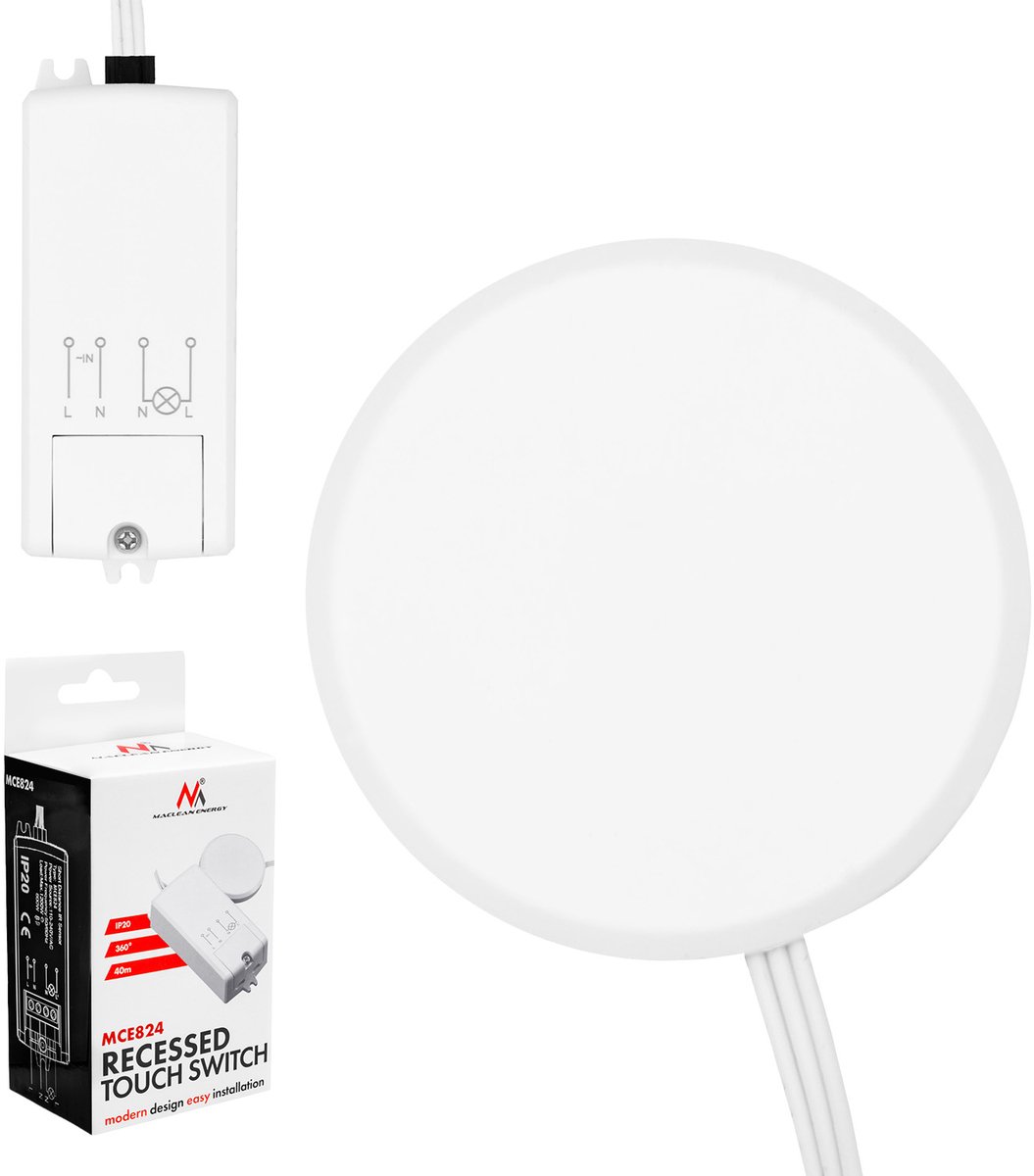 Maclean inbouw aanraakschakelaar, <40 mm, 110-240 V AC, max. belasting 600 W voor LED, MCE824