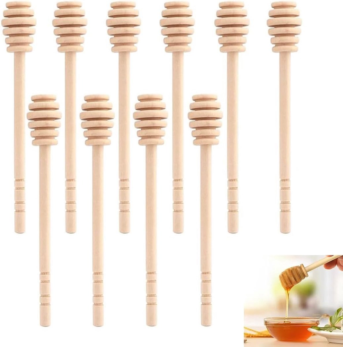Set van 10 houten honinglepels, mini honingdispenser voor honing, siropen en dranken zoals koffie en thee