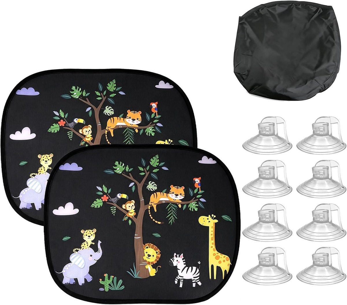 Set van 2 Zonnevisors voor Baby's met UV-bescherming, 44 x 36,5 cm, Ideaal voor Autovensters, 8 Zuignappen en Schattige Bosdieren Motieven, Veiligheid en Comfort voor Kinderen