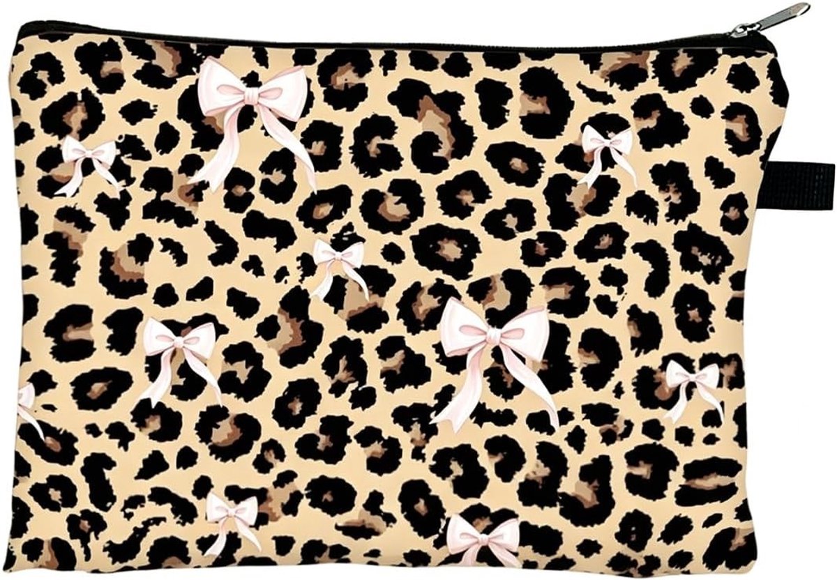 Grote cosmetische tas voor dames met luipaardpatroon en strik, waterdichte organizer voor reizen en make-up accessoires