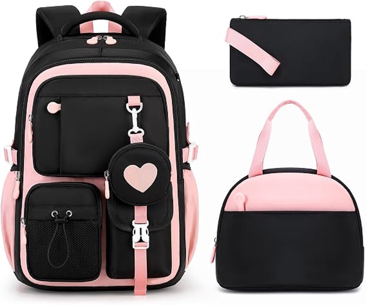 Rugzak kind - 3 delige set - Rugzak voor meisjes - Ruime unisex rugzak - Lichtgewicht rugzak - Inclusief etui en lunchtas - Oxfordstof - 30*18*45 cm - Roze