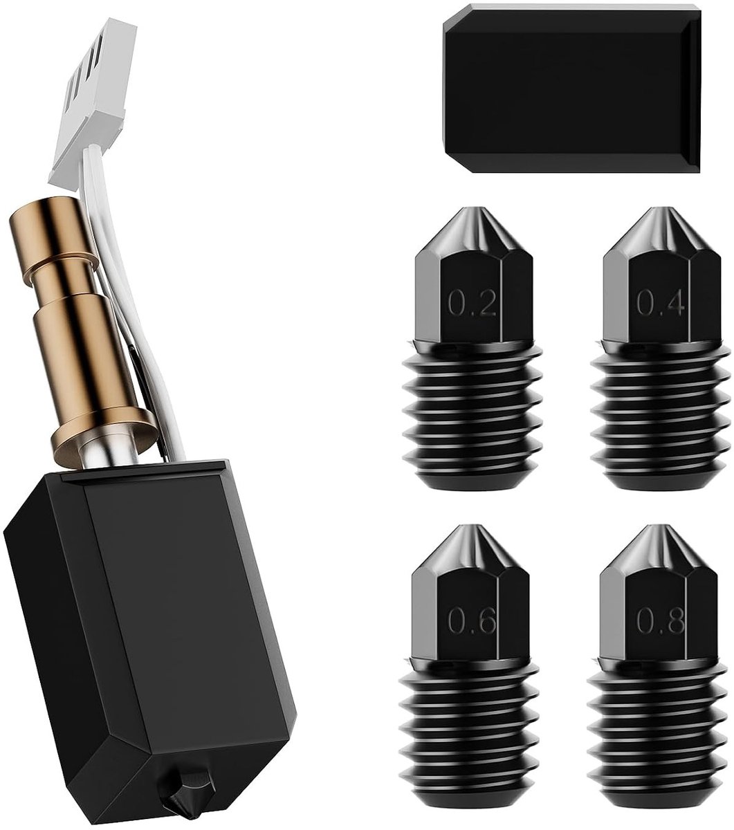 Extruder Kit met printkop, keramische verwarmingsbuis en extra geharde stalen nozzle voor 3D-printer, inclusief silicone hoes en verschillende nozzle maten (0.2/0.4/0.6/0.8mm) voor optimale prestaties en precisie.