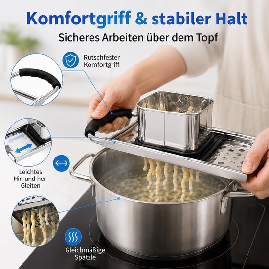 Râpe à Spaetzle in RVS, Machine voor het Maken van Spaetzle, Inclusief Glijbaan voor Deeg, Ideaal voor Spaghetti en Pâtes, Eenvoudig in Gebruik en Onderhoud — afbeelding 4