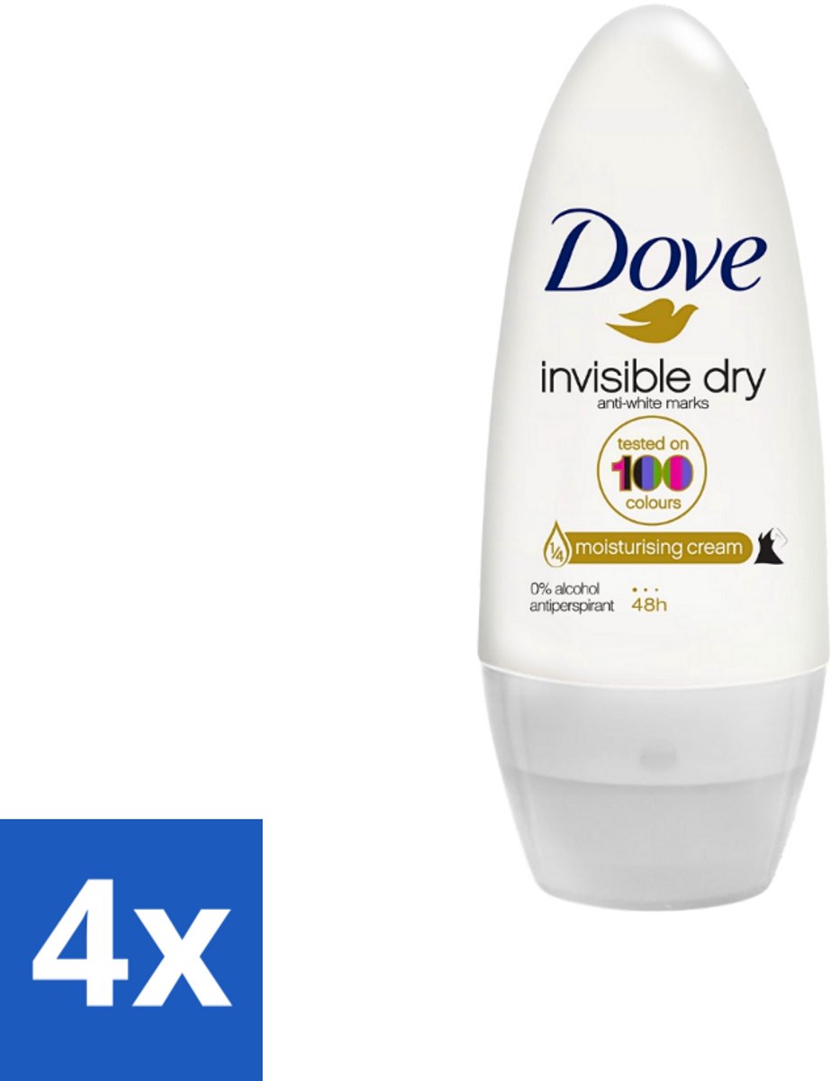 4 x Dove Invisible Dry - Deodorant Roll-on - Anti-Transpirant - 50 ml - Onzichtbare Deodorant - Anti-transpirant - Witte Strepen - Hydraterende Deodorant - Dove Invisible Dry