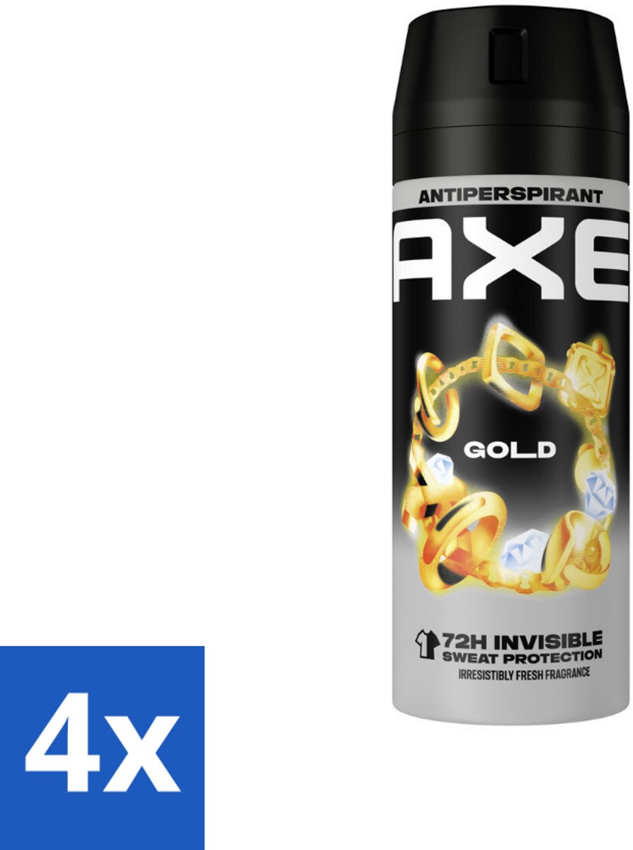 4 x Axe - Deodorant Spray - 72hrs Anti Sweat - Anti White Marks - Gold - 150 ml - Anti-transpirant - Deodorant - Axe Gold - Oud Wood - Vanille