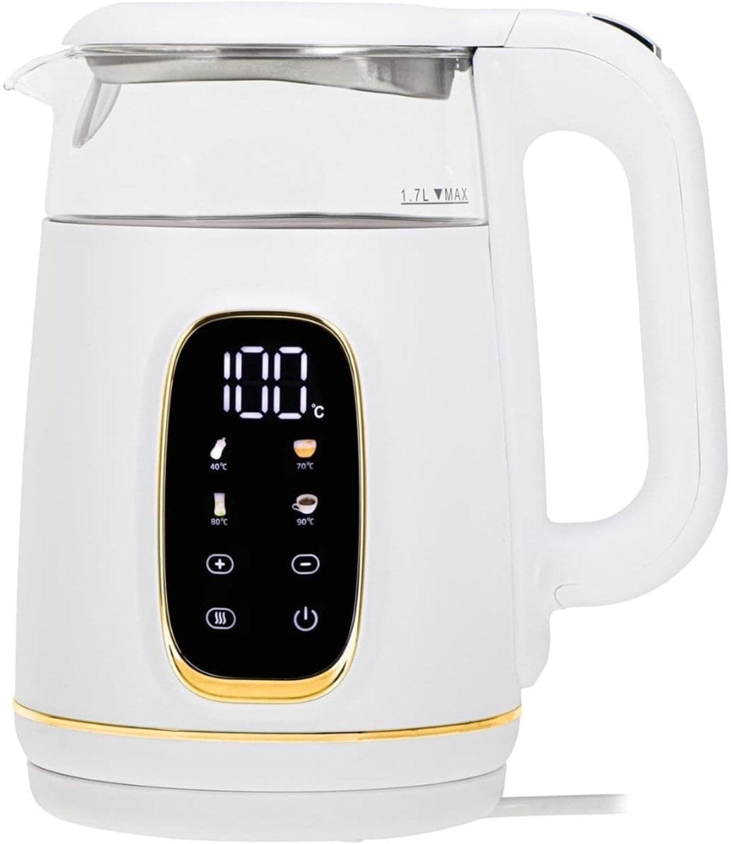 Klarven® Waterkoker Wit Goud - Met Temperatuurregeling - Glazen Design, Nauwkeurig Verwarmen Voor Thee, Koffie En Babyvoeding - B 16 x D 25 x H 21 cm