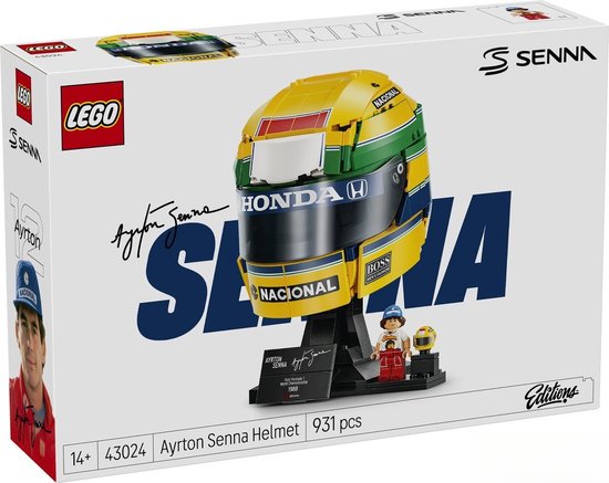 LEGO box met model van Ayrton Senna's helm, geel met groene en blauwe strepen, "HONDA", "NACIONAL" en "BOSS" logo's.