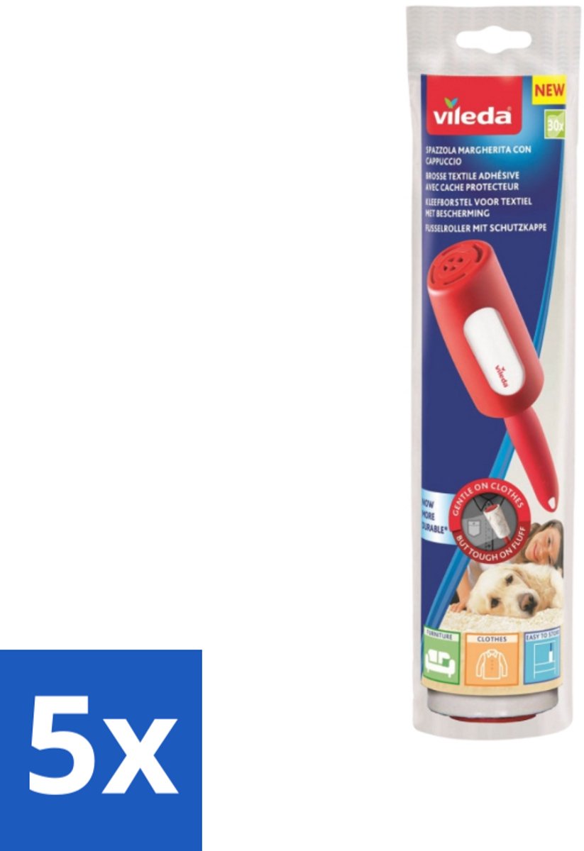 Vileda - Lintroller - Pluisverwijderaar - Inclusief Beschermkap - 30 Vellen - Bulkverpakking - 5 stuks