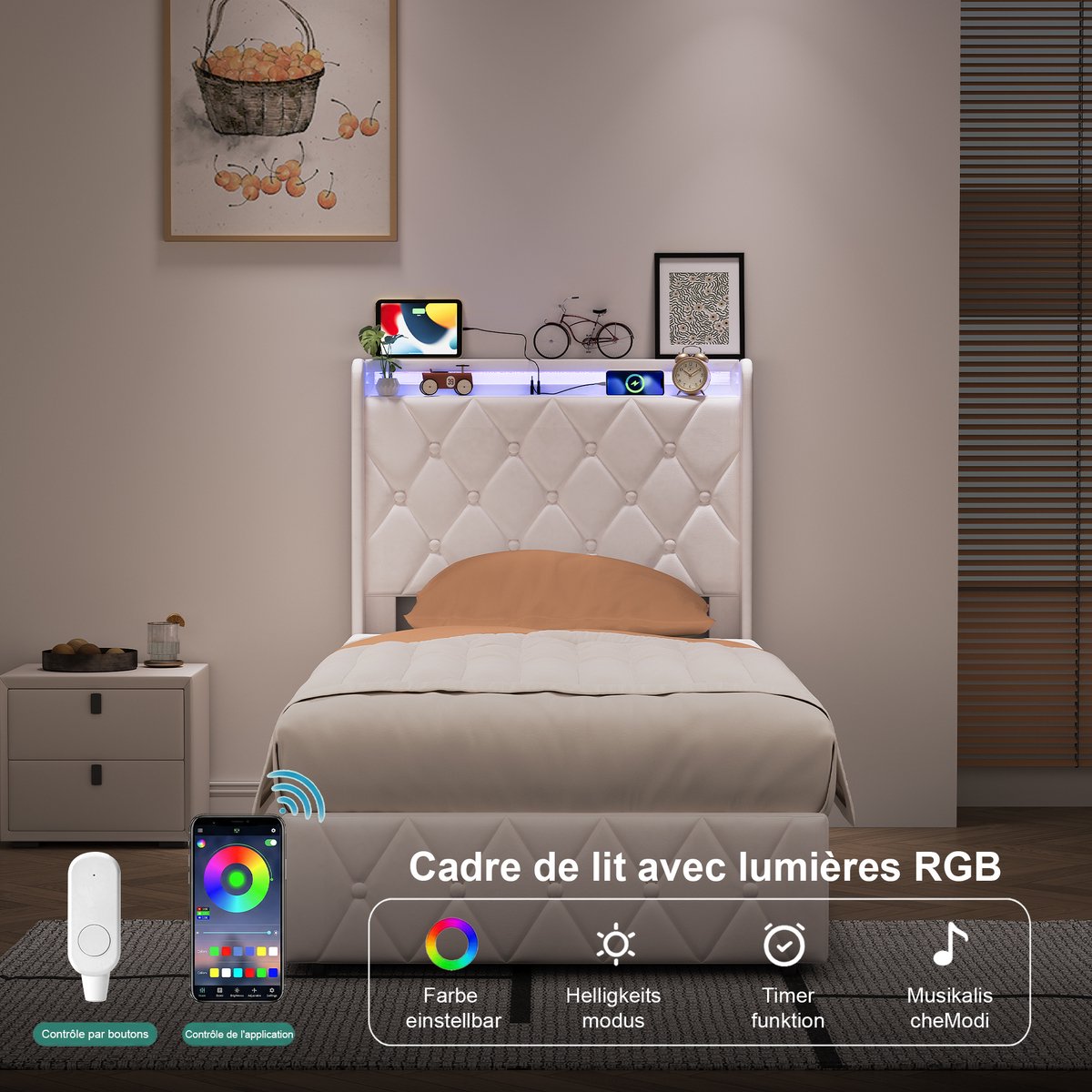 Gestoffeerd Bed 90 x 200 cm , Hoofdbord met LED-verlichting, USB-oplaadfunctie , Lattenbodem, Eenpersoonsbed met Opbergruimte, Fluweel, zonder matras, Beige