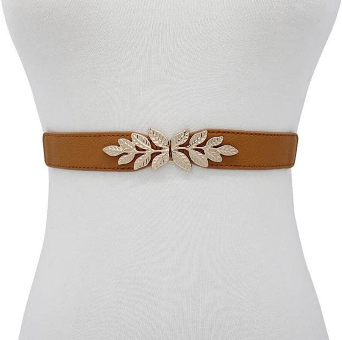Dunne Elastische Riem voor Dames met Bladgesp - Verstelbare Tailleband voor een Slanke Look, One Size, Bruin