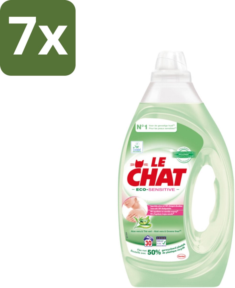 Le Chat Eco-Sensitive - Vloeibaar Wasmiddel - Witte en Gekleurde Was - Aloë Vera & Groene Thee - 30 Wasbeurten - Bulkverpakking - 7 stuks