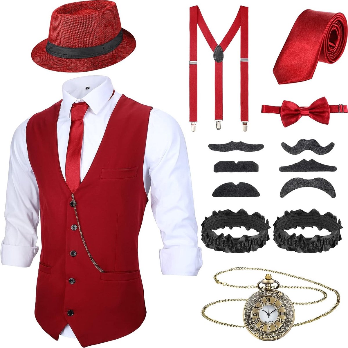 1920s Mannen Accessoires Kostuum Gatsby Gangster Cosplay Halloween Hoed, Zakhorloge, Bretels en Stropdas (XL, Wijnrood)