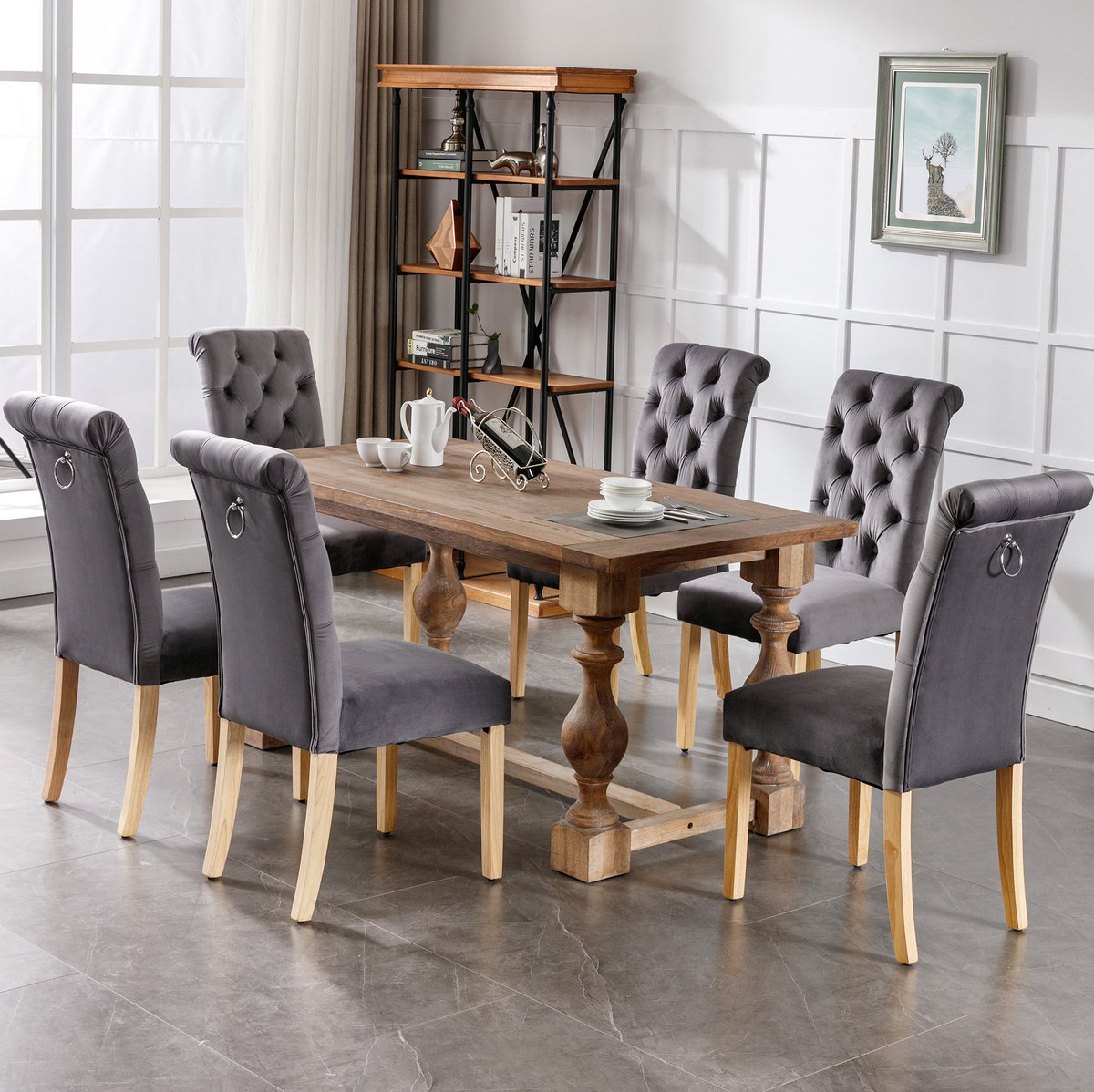 MIVRAY Eetkamerstoel 6-Delige Set - Grijze Velvet Stoel Met Knopen En Eiken Poten - Voor Woonkamer En Eetkamer - Grijs