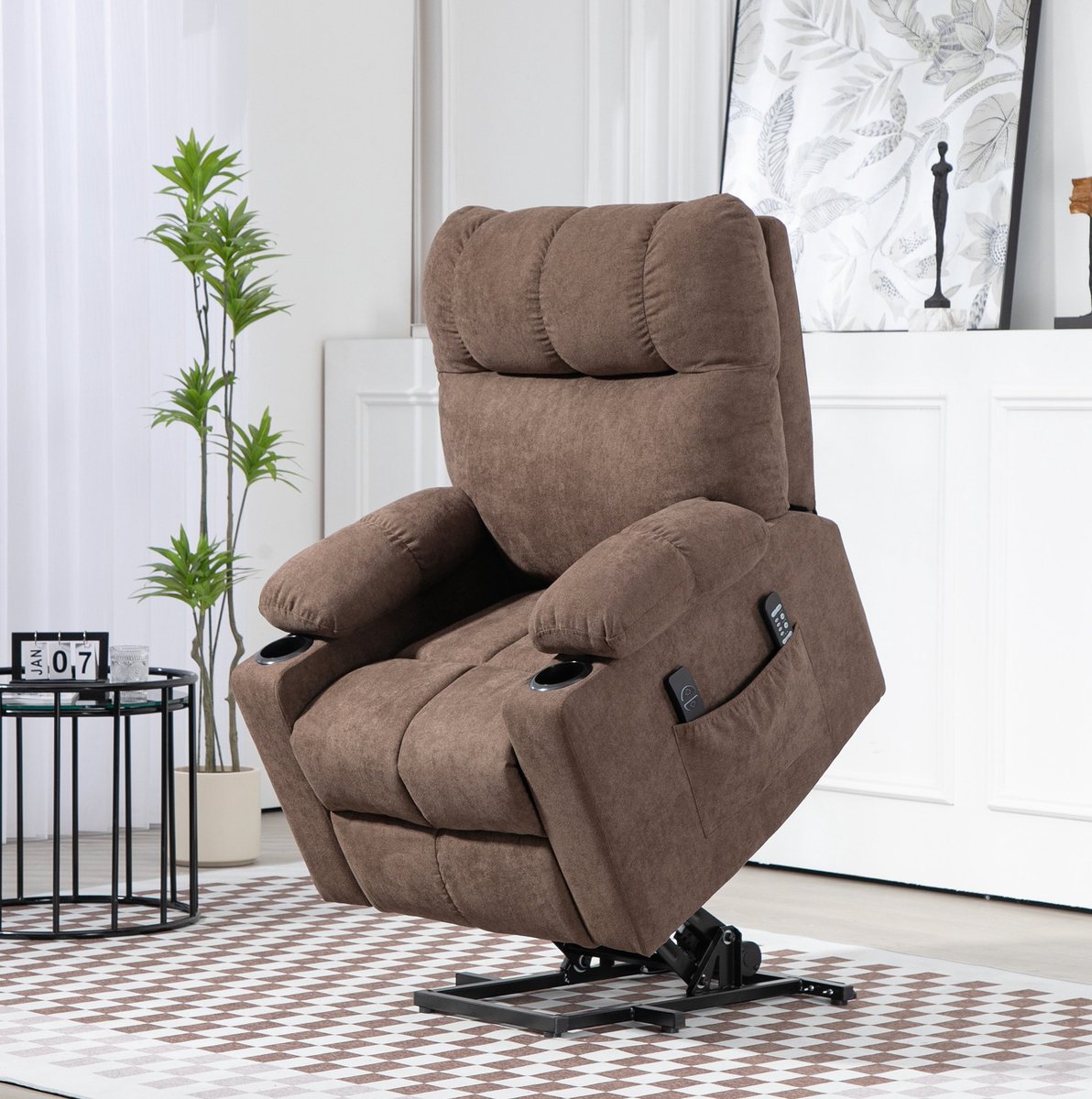 DESMIU Relaxfauteuil 91 X 95 X 109 Cm - Elektrisch Met Sta Op Functie - Massage En Warmte - Voor Woonkamer En Tv Kamer - Stof - Bruin