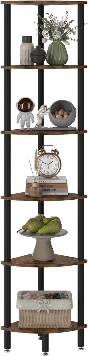 Zeslaags Hoekplank voor Industrieel Gebruik, Perfect voor Woonkamer, Slaapkamer en Keuken, Bruin, Multifunctionele Opbergoplossing