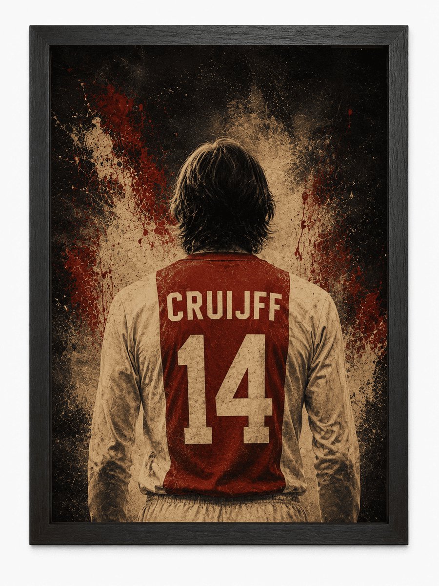 Johan Cruijff Poster Ajax | Retro Voetbalposter Nummer 14 | Inclusief Zwarte A4 Lijst | Wanddecoratie