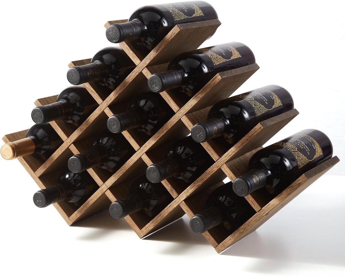 Houten wijnrek voor 13 flessen, stijlvolle opslagoplossing voor wijnliefhebbers, bruin design