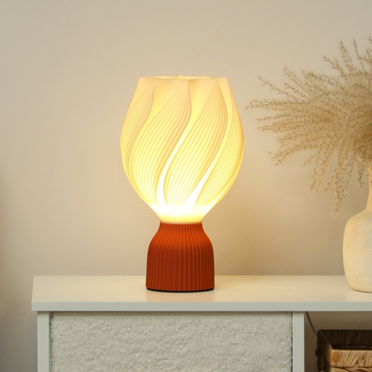 3D LED Table Lamp with Petal Design, Warm Light for Bedside Table and Desk, Ø16.5x28 cm, White and Terracotta