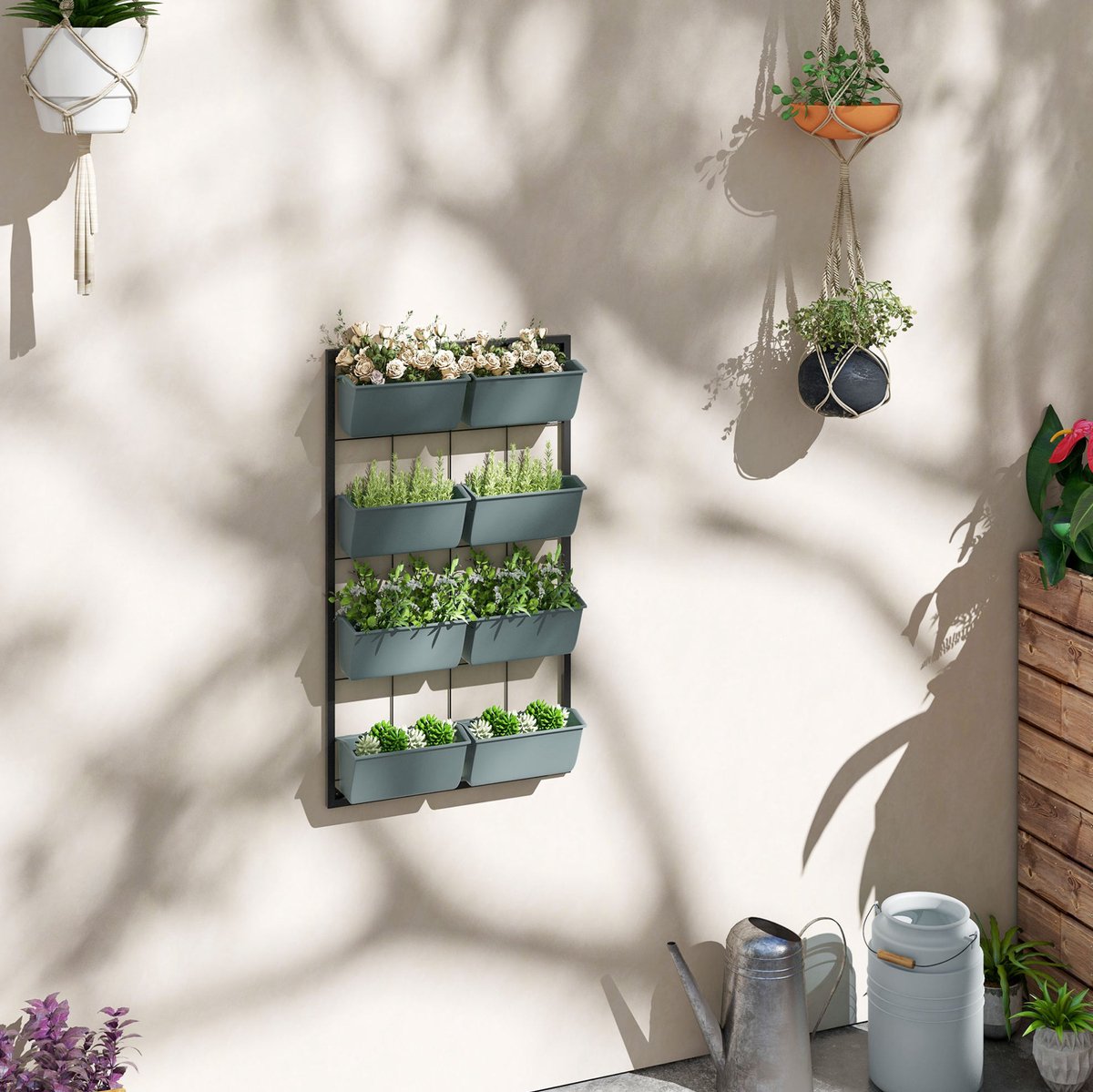 REDOM - Plantenrek - Wandmontage - Vier lagen met 8 bloembakken - Voor binnen en buiten - Staal en kunststof - Donkergroen - 52,5 x 14 x 90 cm