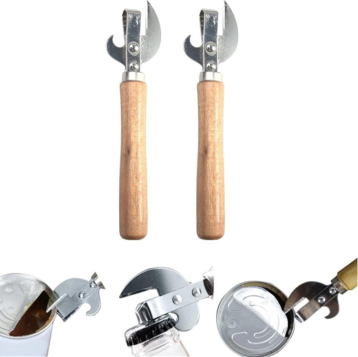 Set van 2 handmatige blikopeners met houten handvat van 15,5 cm voor eenvoudig openen van blikken