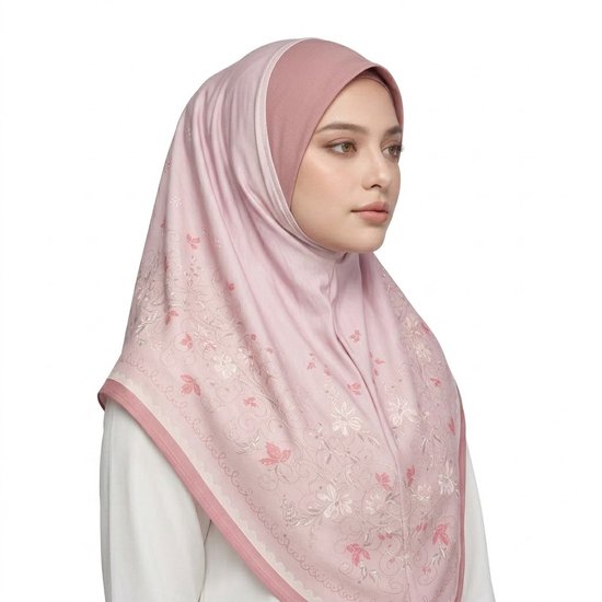 Model draagt een roze hijab met delicaat bloemenmotief, sierlijke rand en zachte glans, zijprofiel.