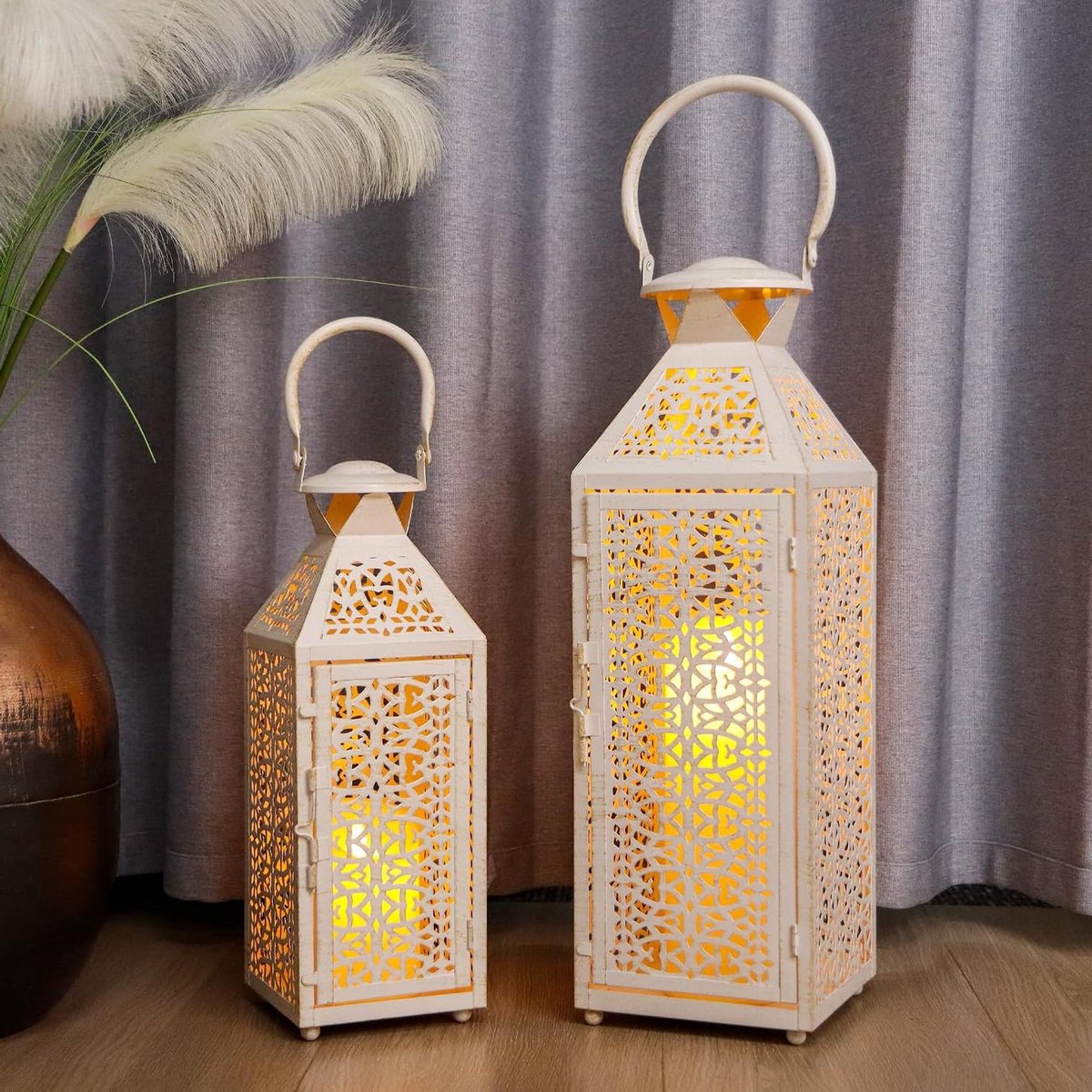 Decoratieve Kaarsenlantaarns - Set van 2 - Sfeerverlichting Creëren - Marokkaanse Stijl - Groot 48cm - Wit