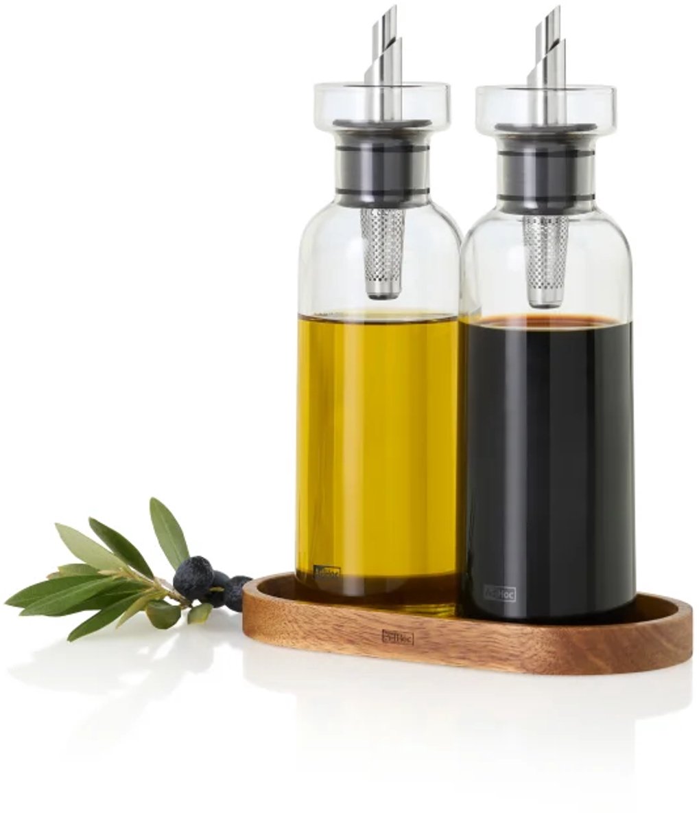 AdHoc AromaPour Olijfolie- en Azijndispenser Set – Glazen Fles met Schenktuit – 4-in-1 – Druppelvrij – Borosilicaatglas