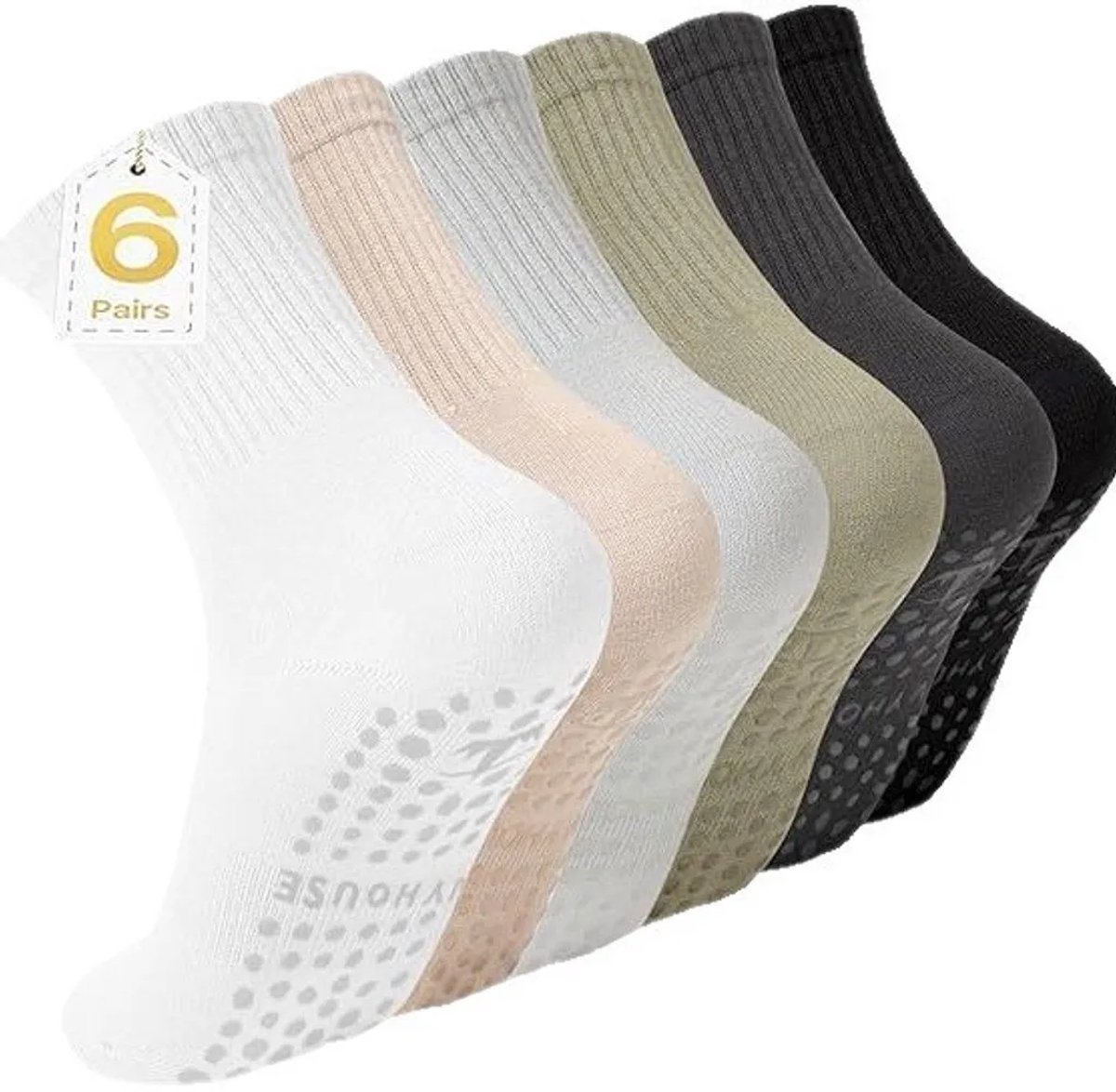 Casalora Sokken Dames Antislip 6-Pack – Damessokken – 6 Paar Lichte Kleuren Noppen Design – Eén Maat – Huissokken Dames anti Slip – Gripsokken voor Yoga Pilates Ballerina Ballet