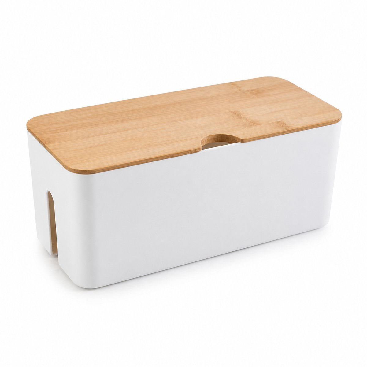 JustValue Kabelbox met Bamboe Deksel - 32 x 13,5 x 12,5 cm - Wit