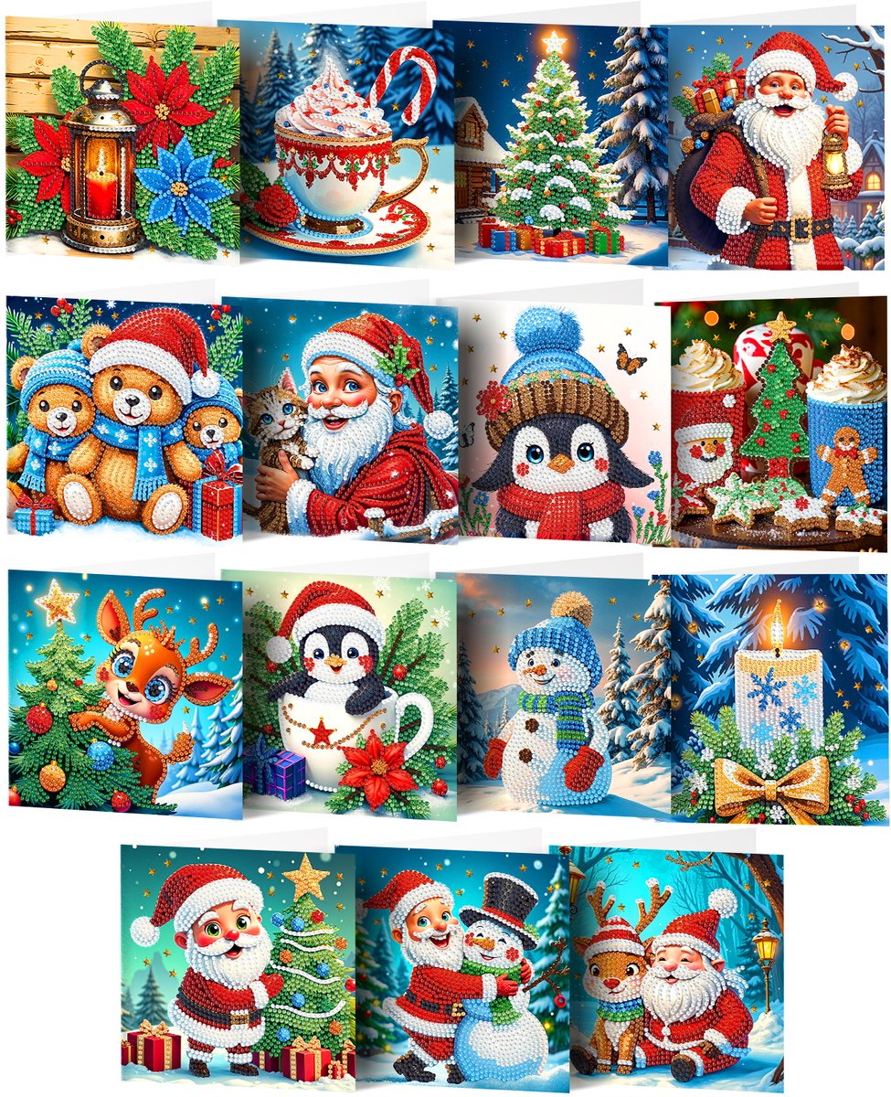 Adorzy Diamond Painting Kerstkaarten – 16 stuks - 15x15 cm - Diamond Painting pakket volledig – Diamond Painting Volwassenen