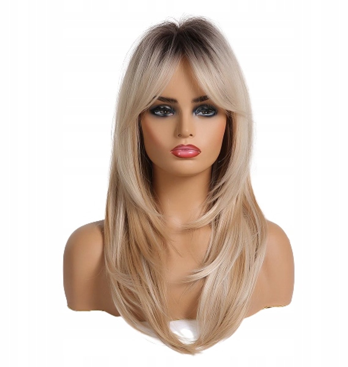 Lange Blond Ombre Pruik met Pony - Natuurlijk Uiterlijk, Gratis Kapje