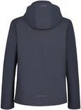 Achterzijde van een donkergrijze Icepeak softshell jas met capuchon en reflecterend detail onderaan.