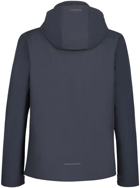 Achterzijde van een donkergrijze Icepeak softshell jas met capuchon en reflecterend detail onderaan.