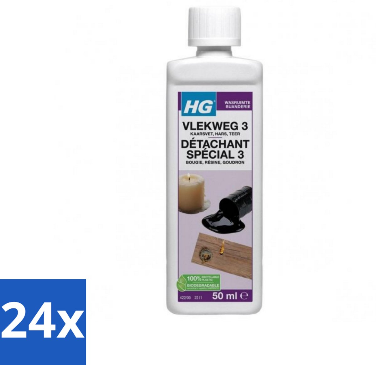 24 x HG - Wasruimte - Vlekweg 3 - Kaarsvet, Hars & Teer - 50 ml - Vlekkenverwijderaar - Kaarsvet Vlekken - Teer Vlekken - Hars Vlekken - Textiel Reiniging