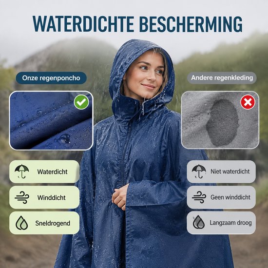 Vrouw in donkerblauwe regenponcho, met vergelijking van onze poncho en andere regenjas. Onze poncho is waterdicht, winddicht en sneldrogend.