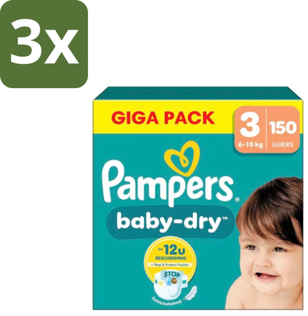 3 x Pampers – Luiers – Baby Dry Maat 3 – 150 Luiers - Baby-dry Luiers - Lekken Voorkomen - Droge Nachten - Comfortabele Luiers - Stop En Bescherm Pocket