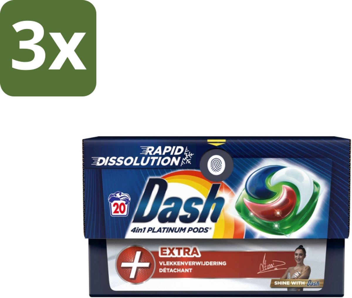 3 x Dash – Wasmiddel Pods 4-in-1 Platinum – Extra Vlekkenverwijdering – 20 Capsules - Wasmiddelcapsules - Krachtige Wasmiddel - Vlekverwijdering - Kleurbehoud - Frisheid