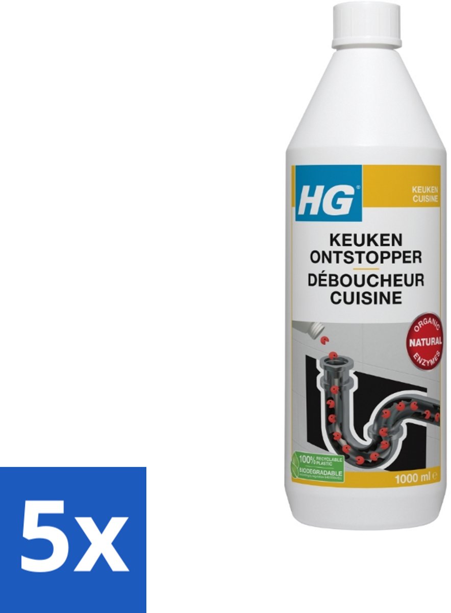 5 x HG Keukenontstopper 1 liter - Keukenontstopper - Enzymen - Verstopping - Gootsteen - Etensresten