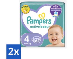 2 x Pampers – Luiers – Active Baby Maat 4 (9-14 kg) – 62 Luiers - Luiers Voor Baby - Droge Luiers - Actieve Baby - Superabsorberende Luiers - Anti-lek Luiers