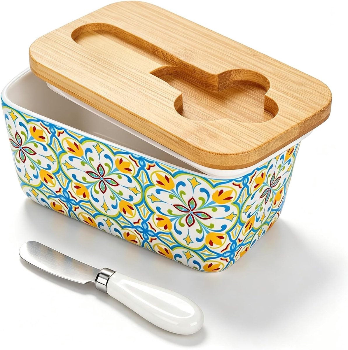 Grote keramische botervloot met houten deksel en mes, ideaal voor keuken en huishouden, 19 x 11,5 x 11,5 cm, perfect voor vers boter bewaren