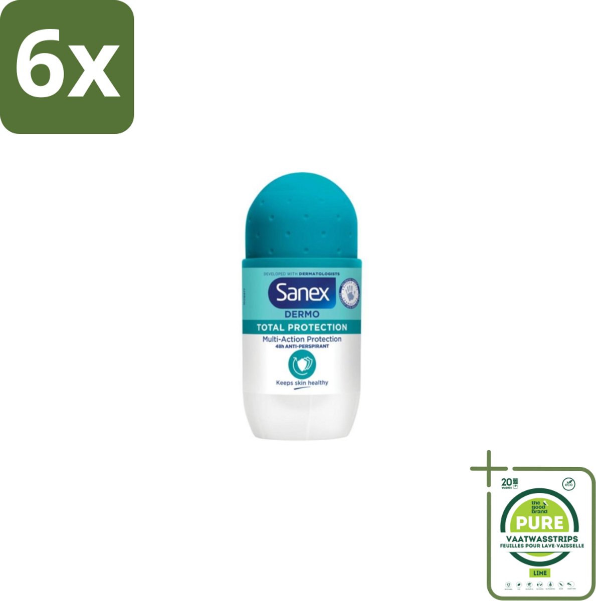 Sanex – Deodorant Roll-On – Dermo Total Protection – 50 ml - Voordeelverpakking - 6 stuks - Douche - Deodorant roll-on