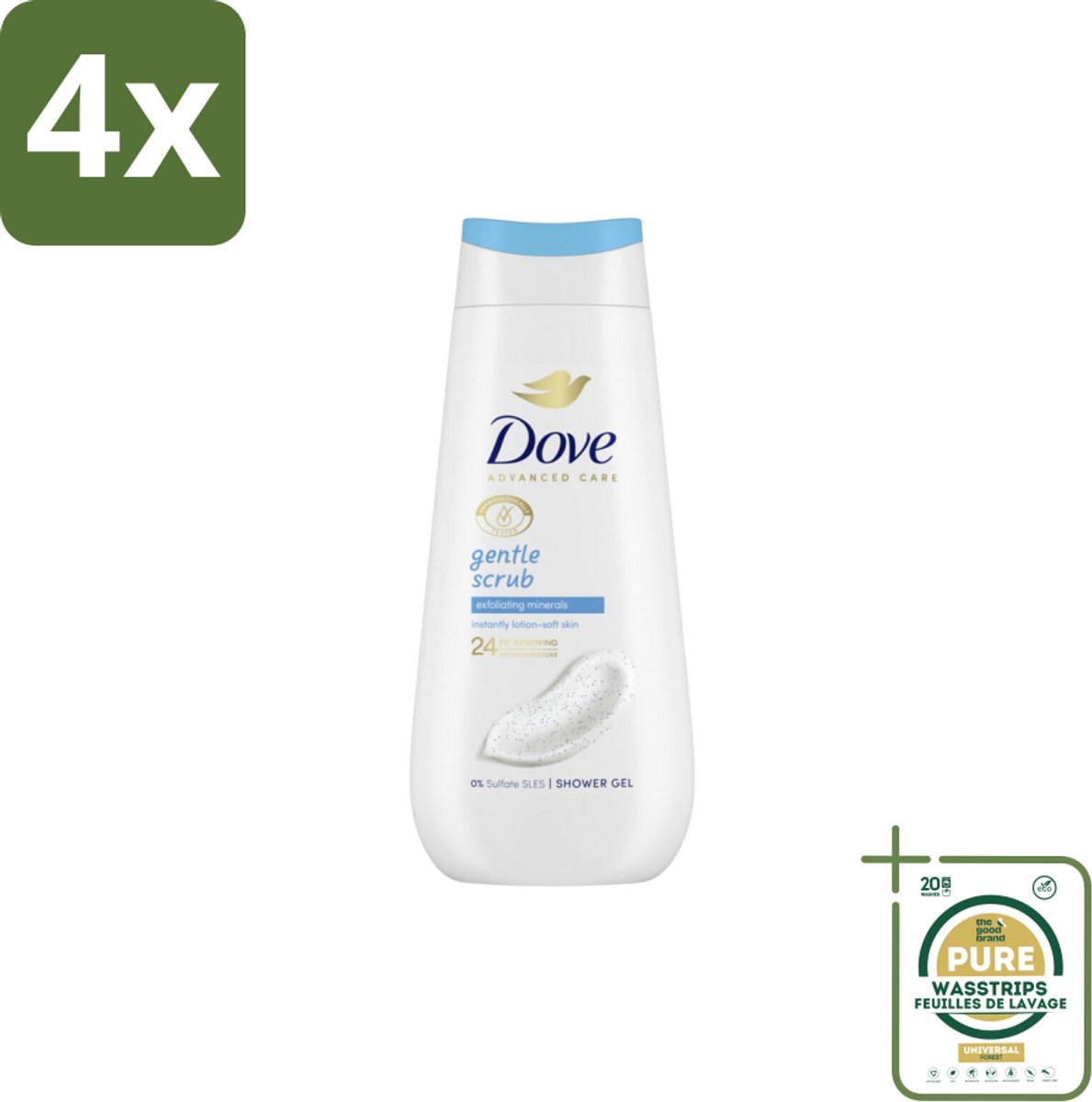 Dove – Douchegel – Advanced Care Gentle Scrub – 225 ml - Voordeelverpakking - 4 stuks - Huidverzorging - Zachte douchegel